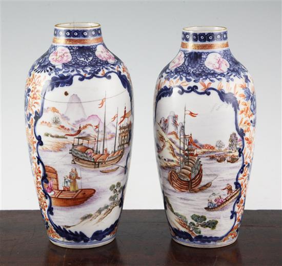 A pair of Chinese export famille rose ovoid vases, late Qianlong period, 21cm, faults